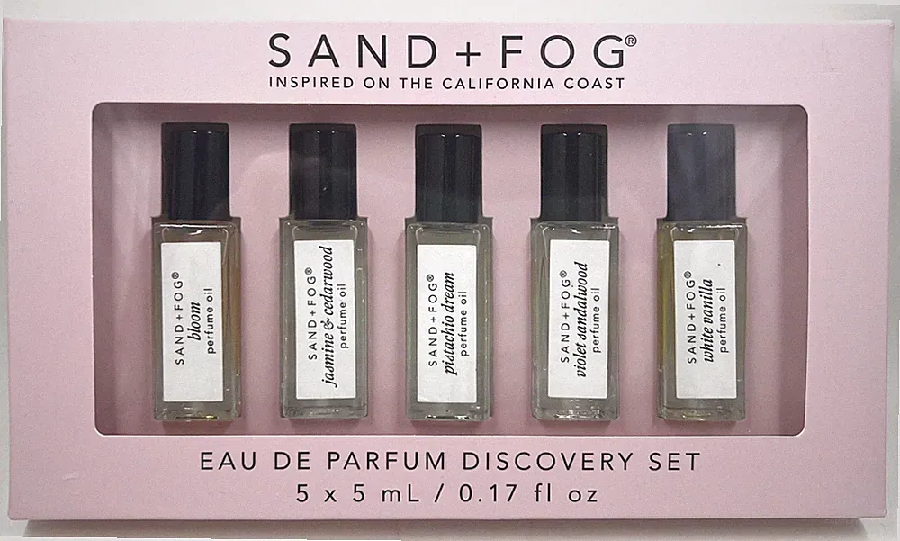 5pc Sand + Fog Perfume Oil EDP Rollerball Discovery Set Bloom, White Vanilla +
